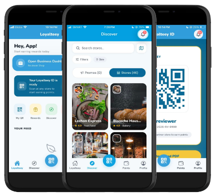 Loyalteey app screens — home, store discovery, and Loyalteey ID